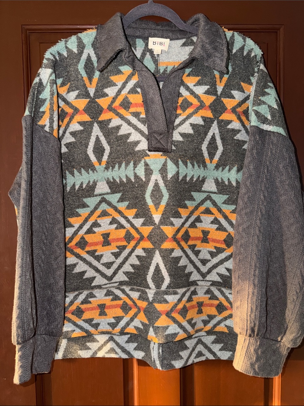 BiBi Gray Pullover Zip-Style Sweater with Orange and Teal Aztec Pattern
